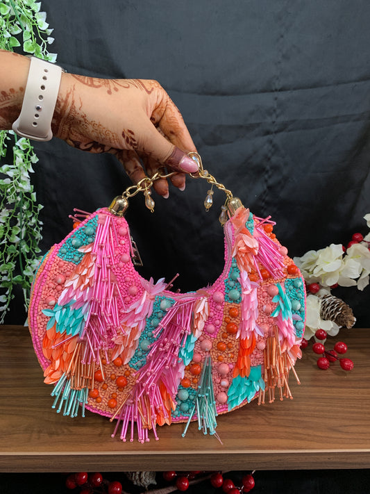 Emily Pink Batua Bag with multi color Beads