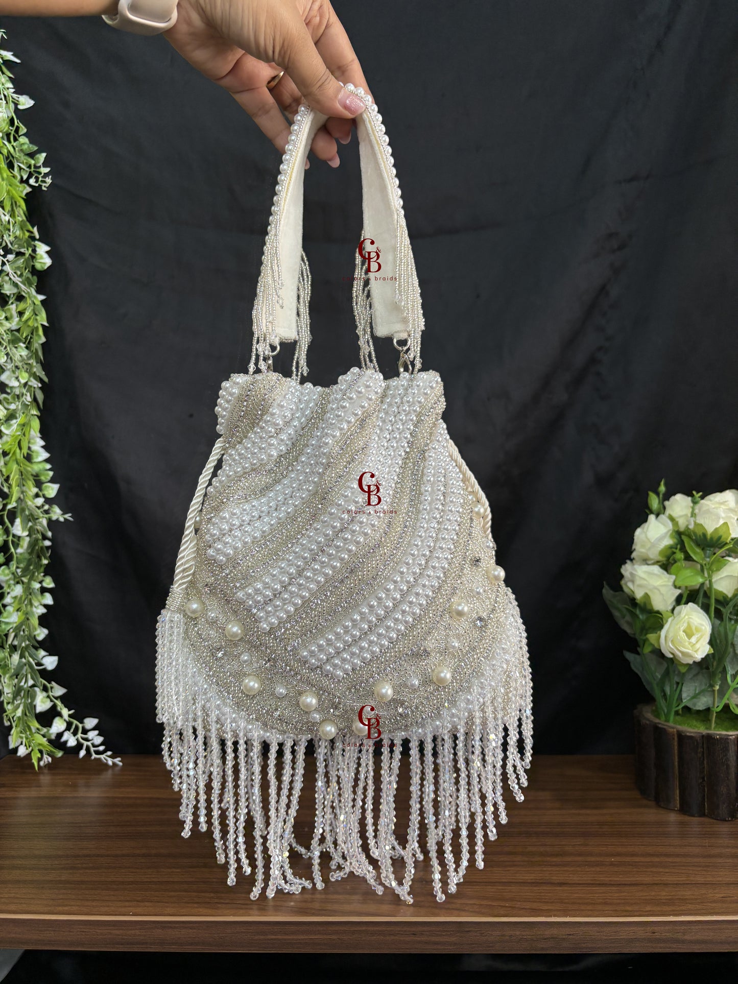 Heavy pearl and crystal hanging potli - Silver Potli