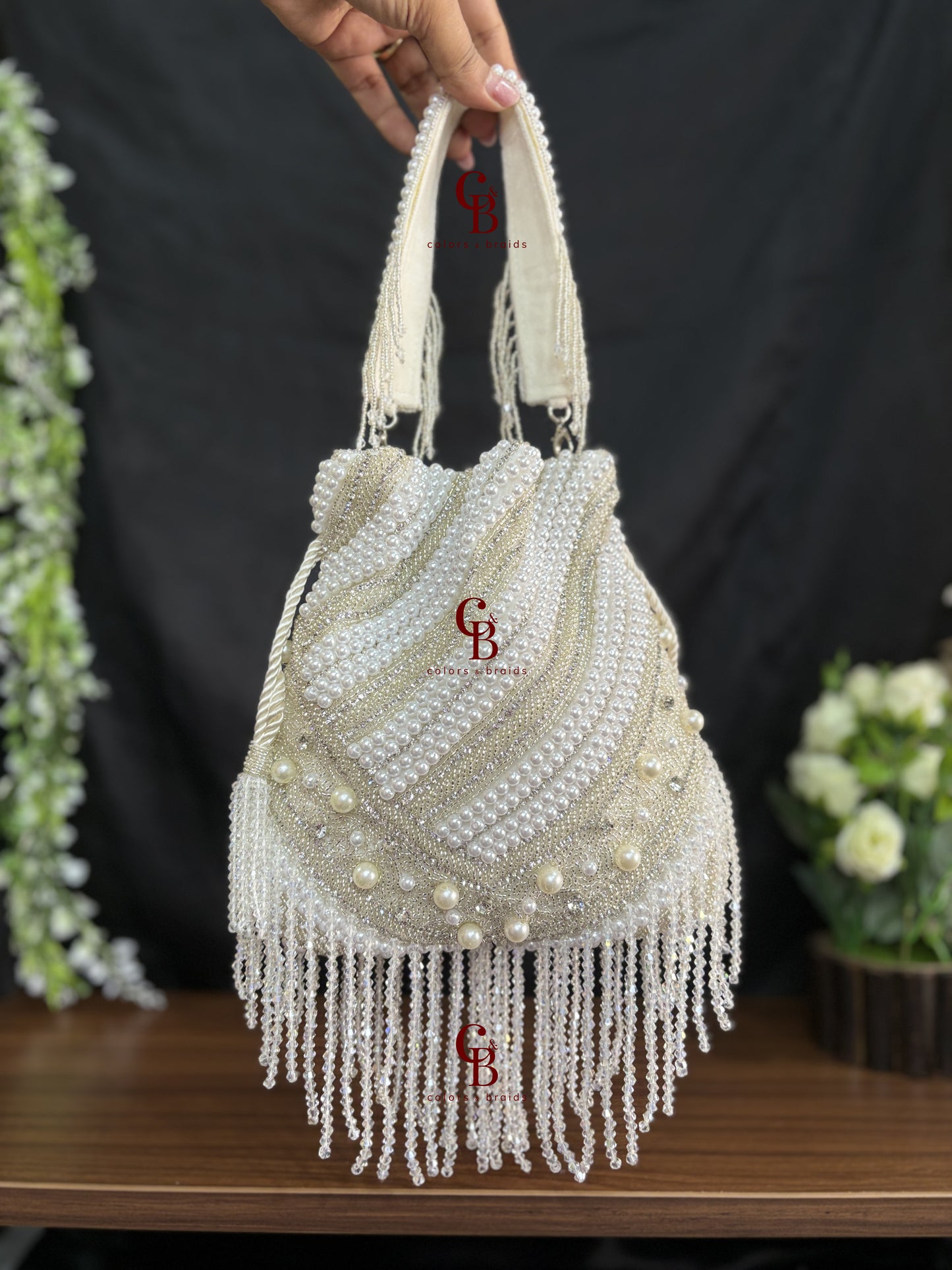 Heavy pearl and crystal hanging potli - Silver Potli