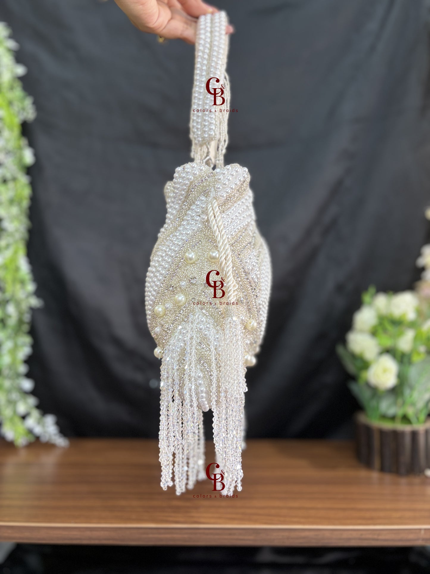 Heavy pearl and crystal hanging potli - Silver Potli