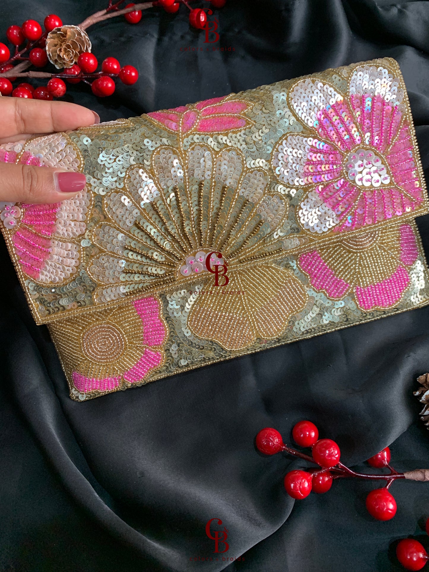 Rosy Envelope Shaped Sequin Clutch