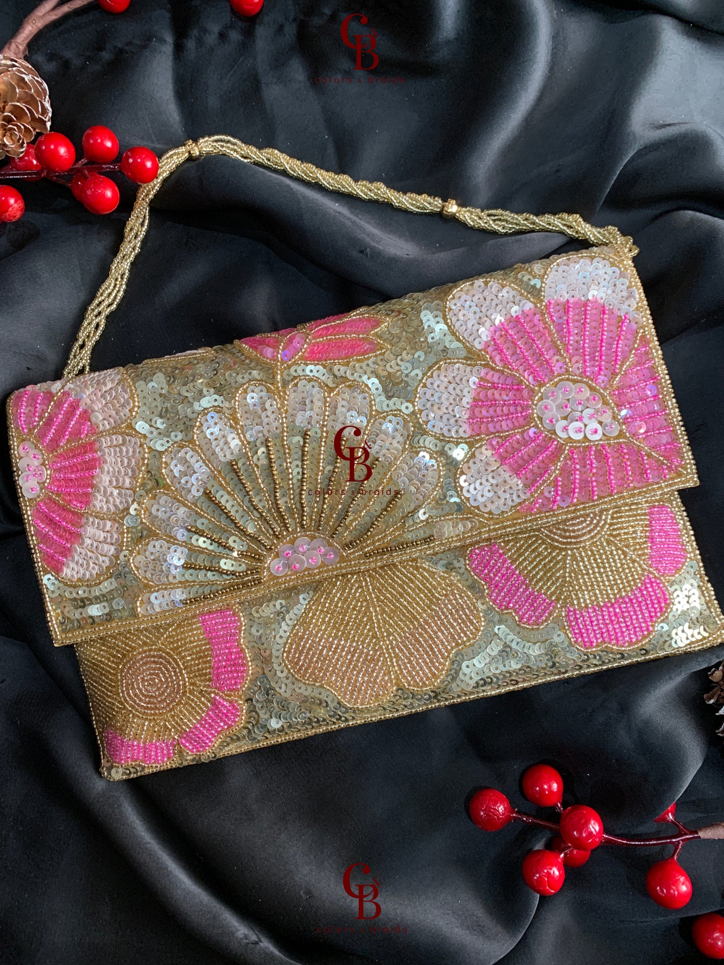 Rosy Envelope Shaped Sequin Clutch