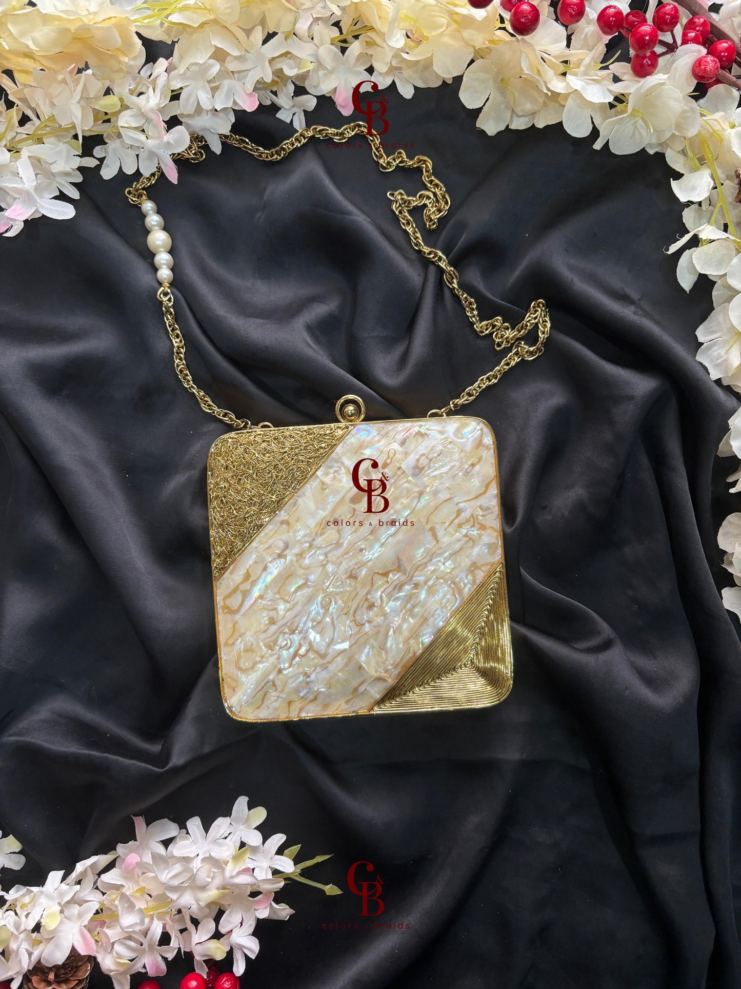 Crescent Square Mother of Pearl Brass Clutch