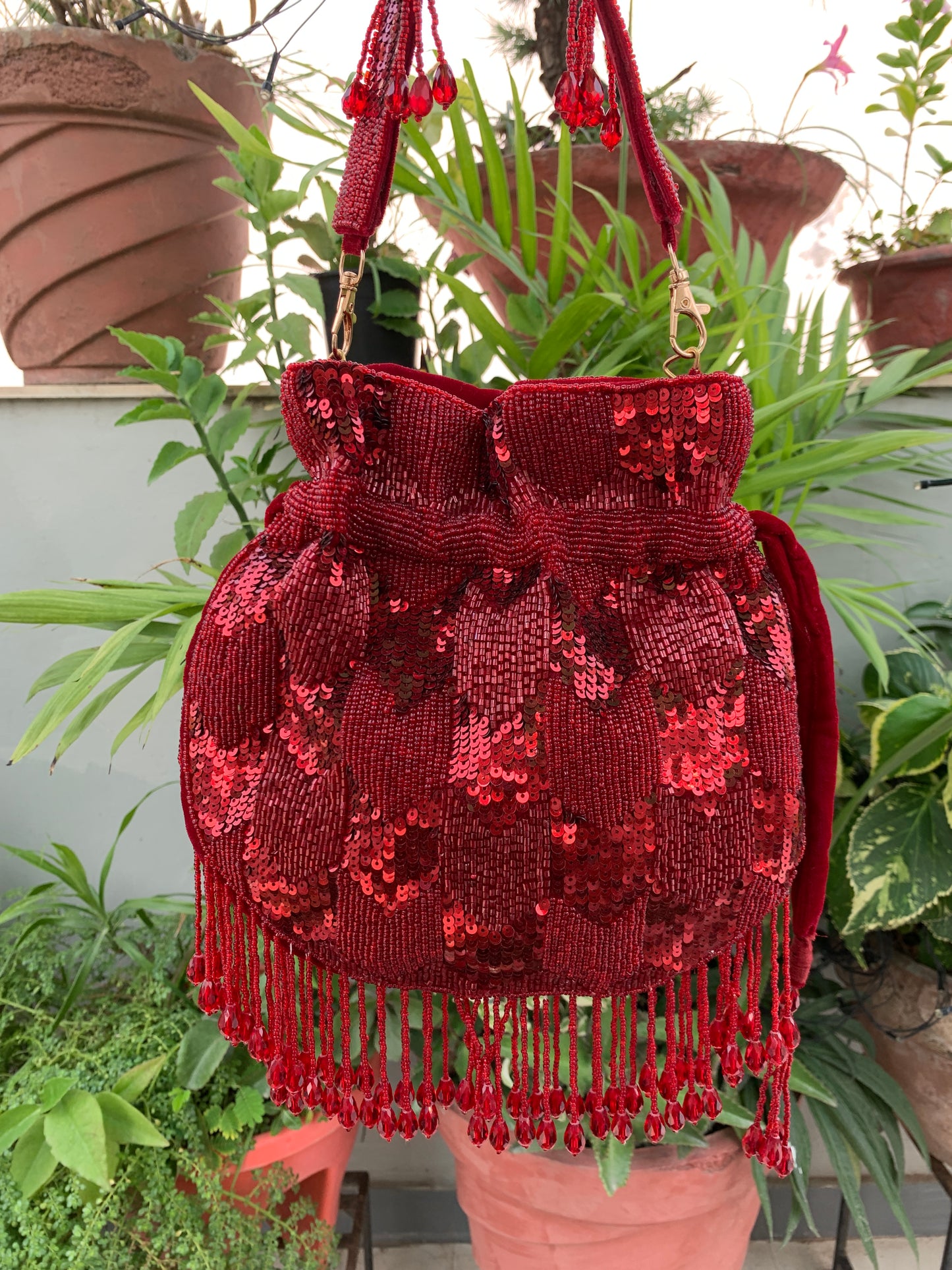 Sequin with Crystal Hangings Potli