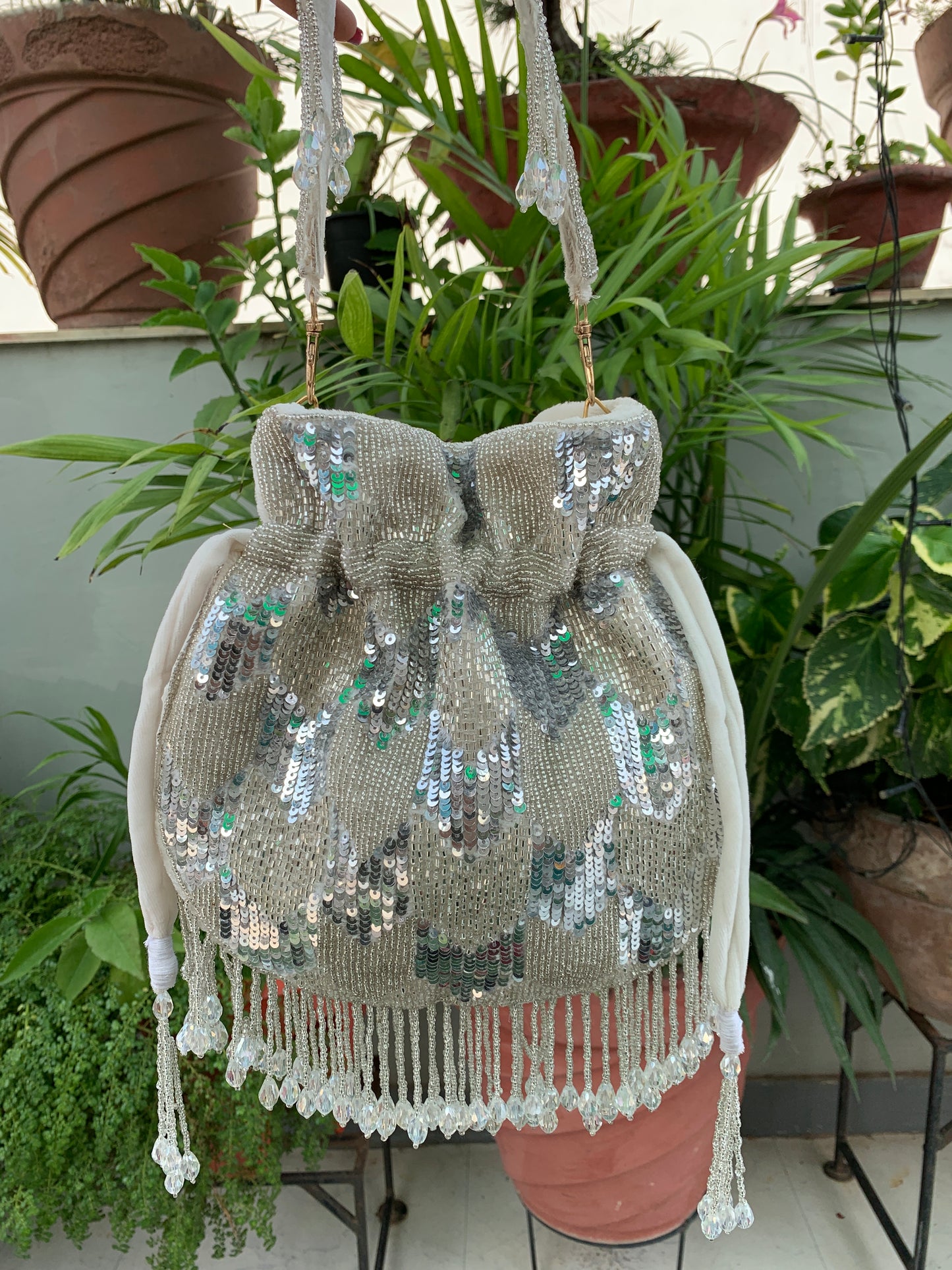 Sequin with Crystal Hangings Potli