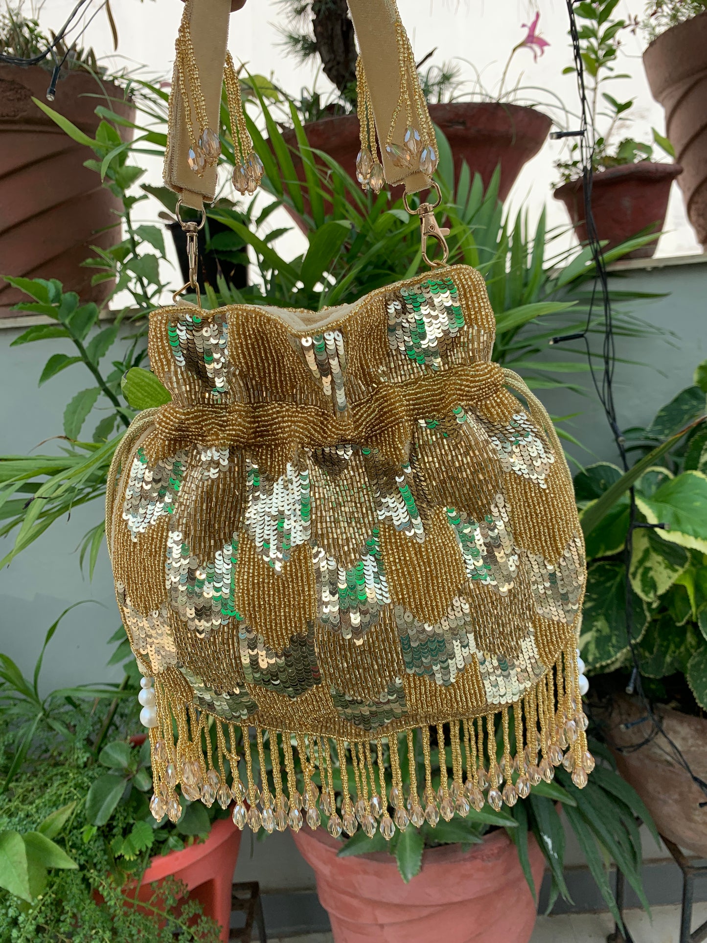 Sequin with Crystal Hangings Potli