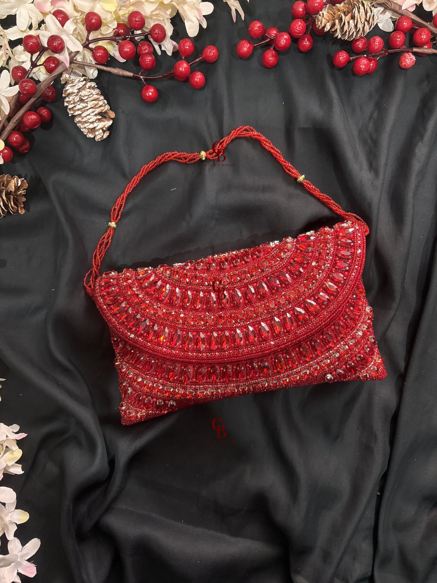 Crystal Glamour Enveloped Shaped Clutch In Red